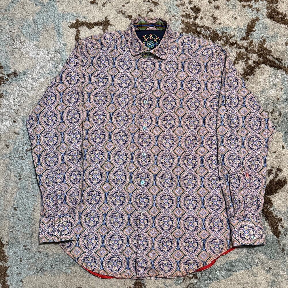 Robert Graham Flip Cuff Button Up Shirt Size Medium Abstract Floral Design